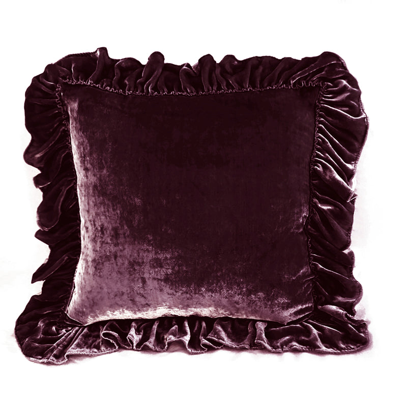 Isabella Tatter Velvet Ruffle Linen Toss Pillow - Aubergine