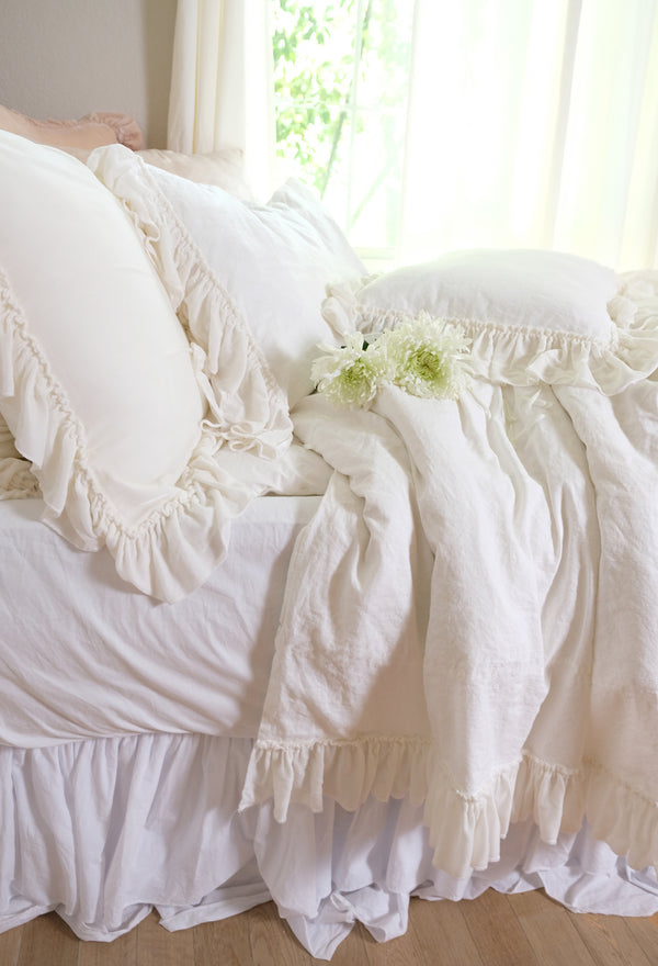 Silk Velvet Tatter Ruffle Linen Twin Duvet - Creme - Linen Salvage Et Cie